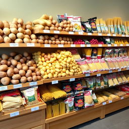 An attractive product display showcasing a variety of potatoes and noodles on neatly arranged shelves