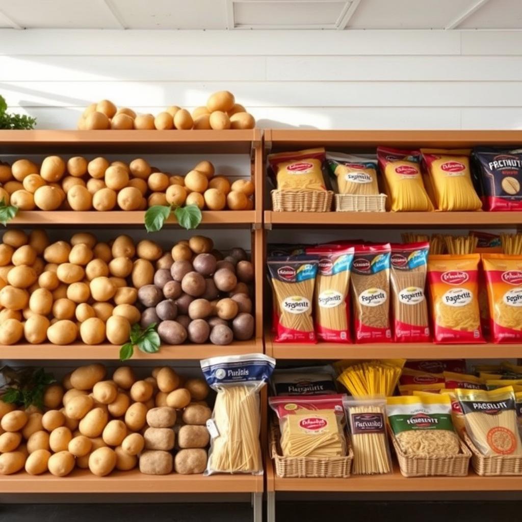 A visually appealing product display shelf showcasing various types of potatoes and noodles