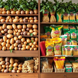 A visually appealing product display shelf showcasing various types of potatoes and noodles