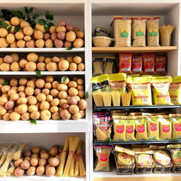 A visually appealing product display shelf showcasing various types of potatoes and noodles