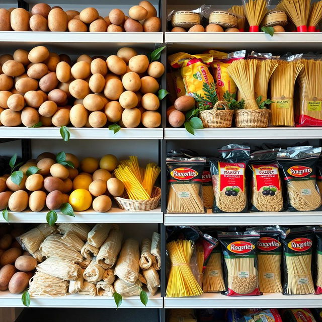 A visually appealing product display shelf showcasing various types of potatoes and noodles