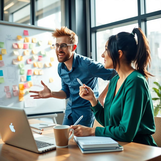 A dynamic and creative scene depicting a man and a woman brainstorming ideas together at a modern office setting