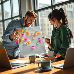 A dynamic and creative scene depicting a man and a woman brainstorming ideas together at a modern office setting