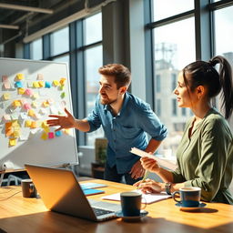 A dynamic and creative scene depicting a man and a woman brainstorming ideas together at a modern office setting