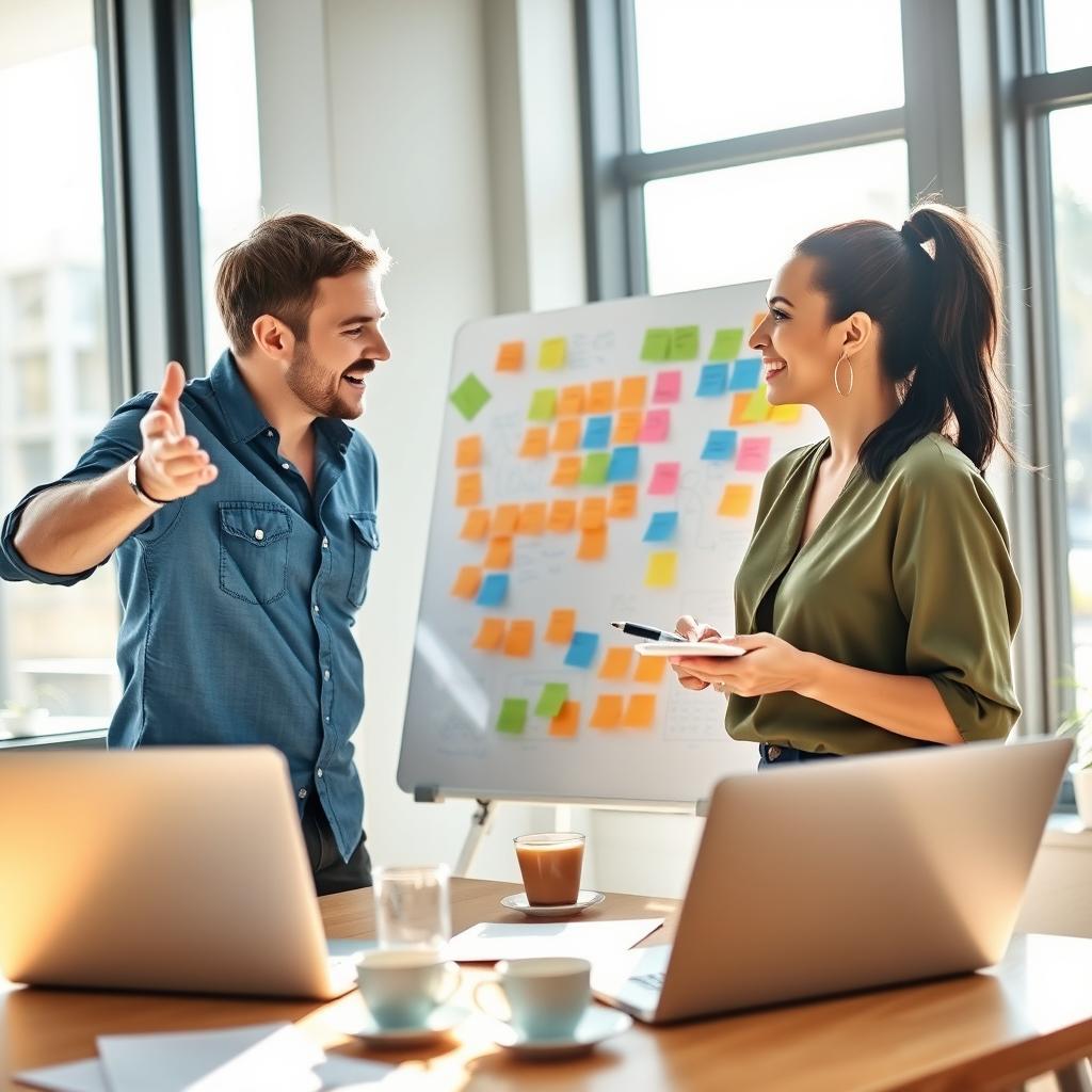 A dynamic and creative scene depicting a man and a woman brainstorming ideas together at a modern office setting