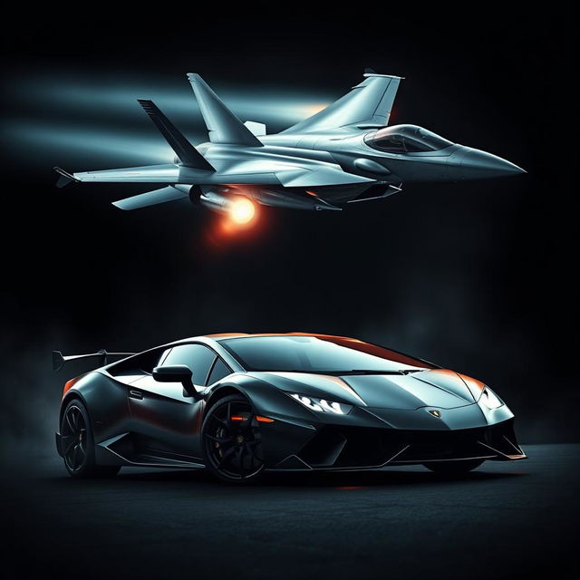 A dramatic and intense hybrid image featuring a sleek fighter jet soaring at high speed with bright glowing afterburners, and a Lamborghini car positioned low to the ground, exuding power and precision