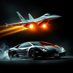 A dramatic and intense hybrid image featuring a sleek fighter jet soaring at high speed with bright glowing afterburners, and a Lamborghini car positioned low to the ground, exuding power and precision