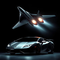 A dramatic and intense hybrid image featuring a sleek fighter jet soaring at high speed with bright glowing afterburners, and a Lamborghini car positioned low to the ground, exuding power and precision