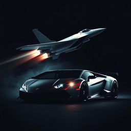 A dramatic and intense hybrid image featuring a sleek fighter jet soaring at high speed with bright glowing afterburners, and a Lamborghini car positioned low to the ground, exuding power and precision