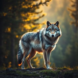 A stunning raw photograph of a majestic wolf standing proudly in its natural habitat, showcasing its thick fur and piercing eyes