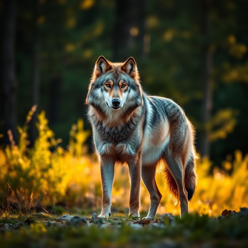 A stunning raw photograph of a majestic wolf standing proudly in its natural habitat, showcasing its thick fur and piercing eyes