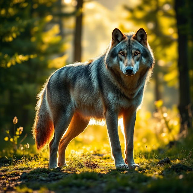 A stunning raw photograph of a majestic wolf standing proudly in its natural habitat, showcasing its thick fur and piercing eyes