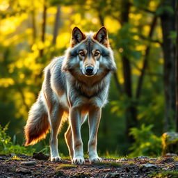 A stunning raw photograph of a majestic wolf standing proudly in its natural habitat, showcasing its thick fur and piercing eyes