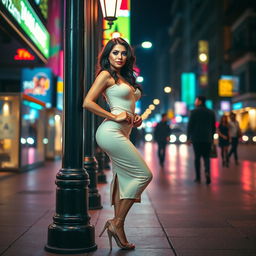 A glamorous woman in a stylish urban setting at night, wearing a chic, form-fitting outfit with high heels, confidently leaning against a streetlamp