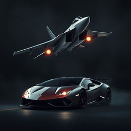 A dramatic and intense hybrid image featuring a sleek fighter jet soaring at high speed with bright glowing afterburners and a low, aggressive Lamborghini car positioned prominently
