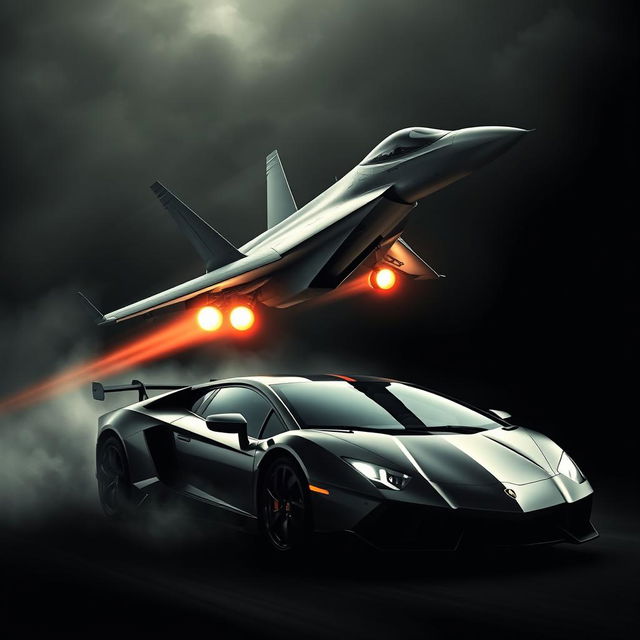 A dramatic and intense hybrid image featuring a sleek fighter jet soaring at high speed with bright glowing afterburners and a low, aggressive Lamborghini car positioned prominently