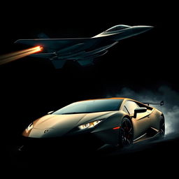 A dramatic and intense hybrid image featuring a sleek fighter jet soaring at high speed with bright glowing afterburners and a low, aggressive Lamborghini car positioned prominently