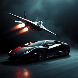 A dramatic and intense hybrid image featuring a sleek fighter jet soaring at high speed with bright glowing afterburners and a low, aggressive Lamborghini car positioned prominently
