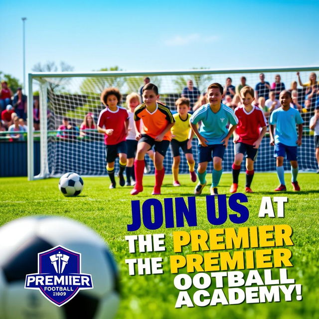 A vibrant and dynamic poster promoting a new student intake for a football academy