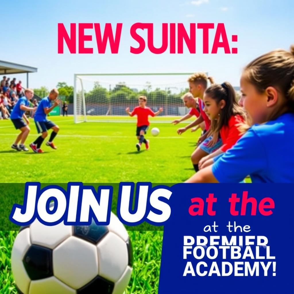 A vibrant and dynamic poster promoting a new student intake for a football academy