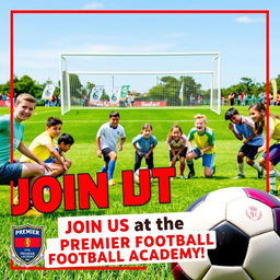 A vibrant and dynamic poster promoting a new student intake for a football academy