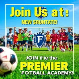 A vibrant and dynamic poster promoting a new student intake for a football academy