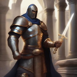 A high-quality, digital art image of a human paladin in a fantasy setting