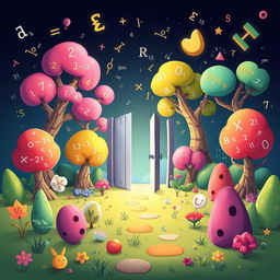A whimsical 2D illustration of a magical math garden filled with trees and plants shaped like clear mathematical expressions and numerical symbols
