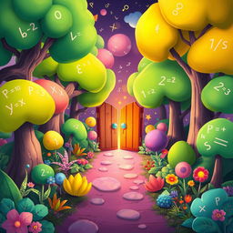 A whimsical 2D illustration of a magical math garden filled with trees and plants shaped like clear mathematical expressions and numerical symbols