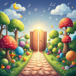 A whimsical 2D illustration of a magical math garden filled with trees and plants shaped like clear mathematical expressions and numerical symbols