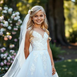 A beautiful blonde girl wearing an elegant wedding dress, standing in a picturesque outdoor setting