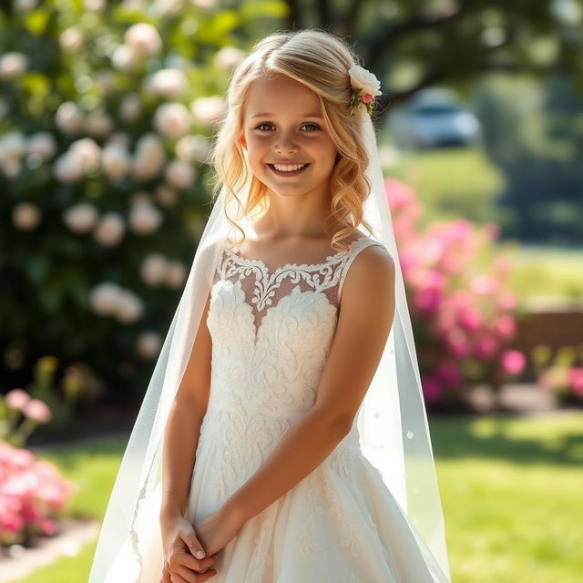 A beautiful blonde girl wearing an elegant wedding dress, standing in a picturesque outdoor setting