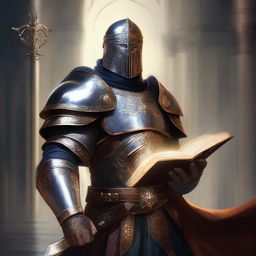 A high-quality, digital art image of a human paladin in a fantasy setting