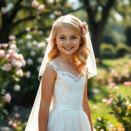 A beautiful blonde girl wearing an elegant wedding dress, standing in a picturesque outdoor setting