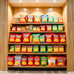 A beautifully arranged product display showcasing an array of potato-based snacks and noodle dishes