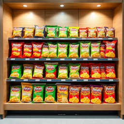 A beautifully arranged product display showcasing an array of potato-based snacks and noodle dishes