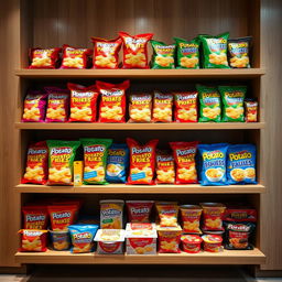 A beautifully arranged product display showcasing an array of potato-based snacks and noodle dishes