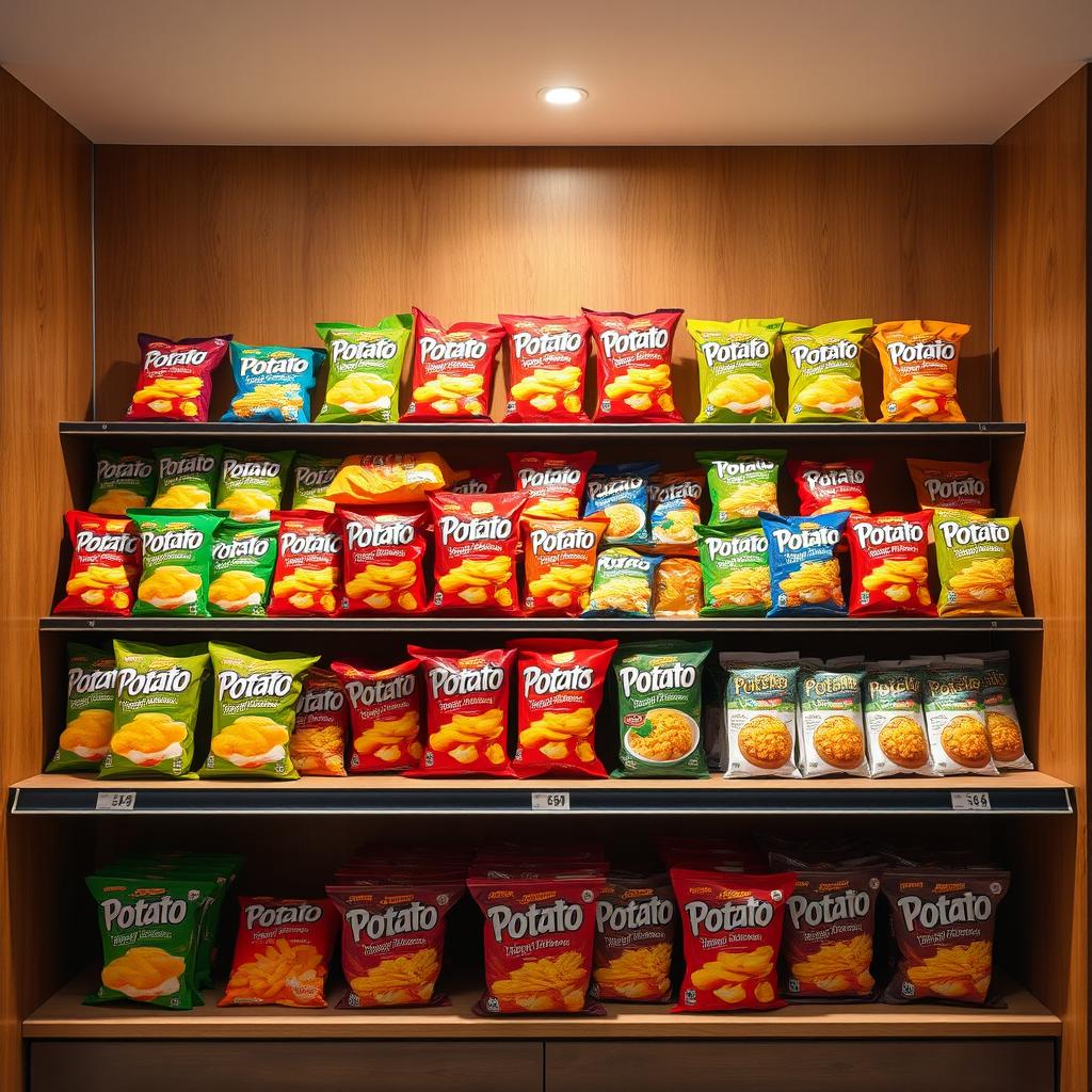 A beautifully arranged product display showcasing an array of potato-based snacks and noodle dishes