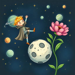 A whimsical scene of a young prince exercising on his small, barren moon, surrounded by starry space