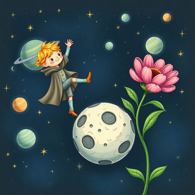 A whimsical scene of a young prince exercising on his small, barren moon, surrounded by starry space