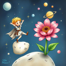 A whimsical scene of a young prince exercising on his small, barren moon, surrounded by starry space