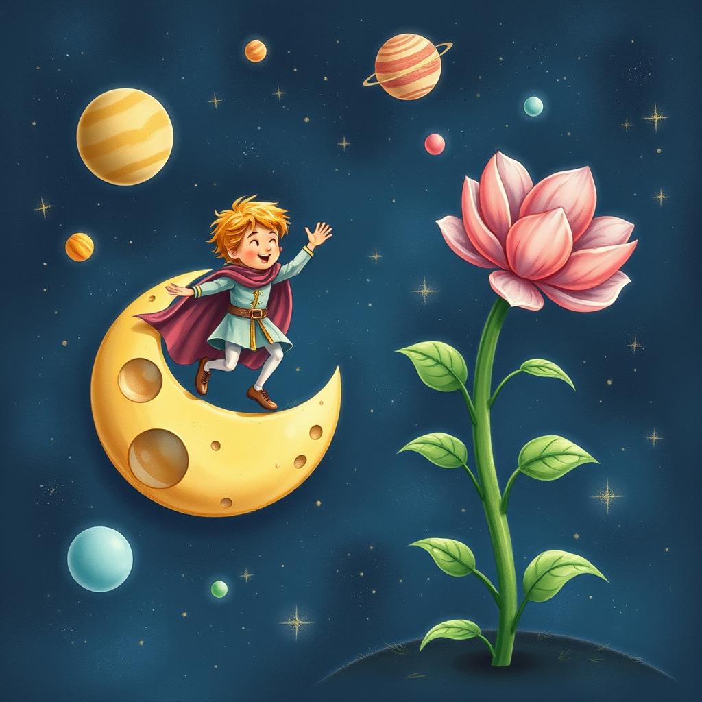 A whimsical scene of a young prince exercising on his small, barren moon, surrounded by starry space