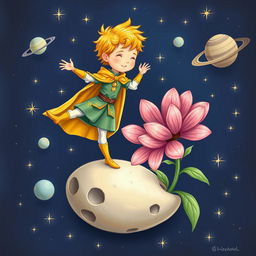A whimsical scene of a young prince exercising on his small, barren moon, surrounded by starry space