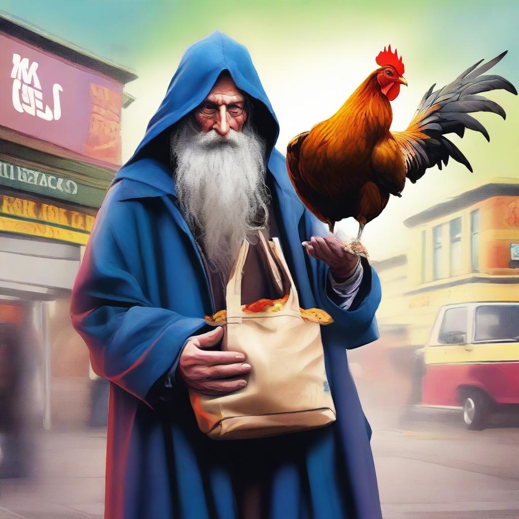 The image is a vibrant digital art illustration showcasing a homeless wild magic sorcerer