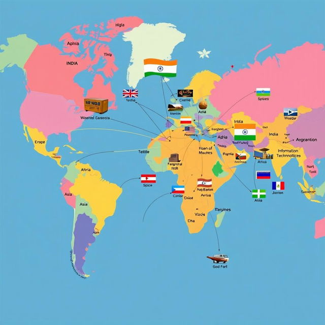 A colorful world map depicting India's trade routes and export products to various countries