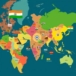 A colorful world map depicting India's trade routes and export products to various countries