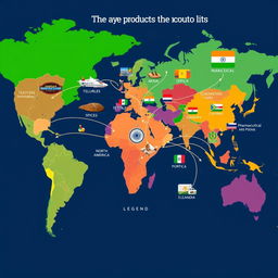 A colorful world map depicting India's trade routes and export products to various countries