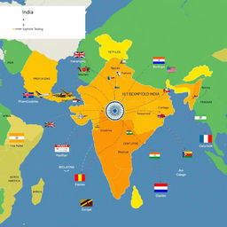 A colorful world map depicting India's trade routes and export products to various countries