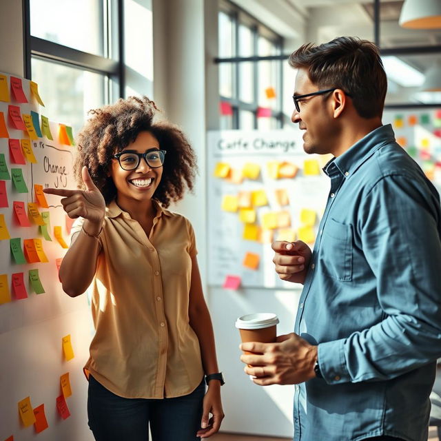 A vibrant office setting filled with colorful post-it notes on the walls, two diverse adults engaged in an animated discussion