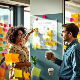 A vibrant office setting filled with colorful post-it notes on the walls, two diverse adults engaged in an animated discussion